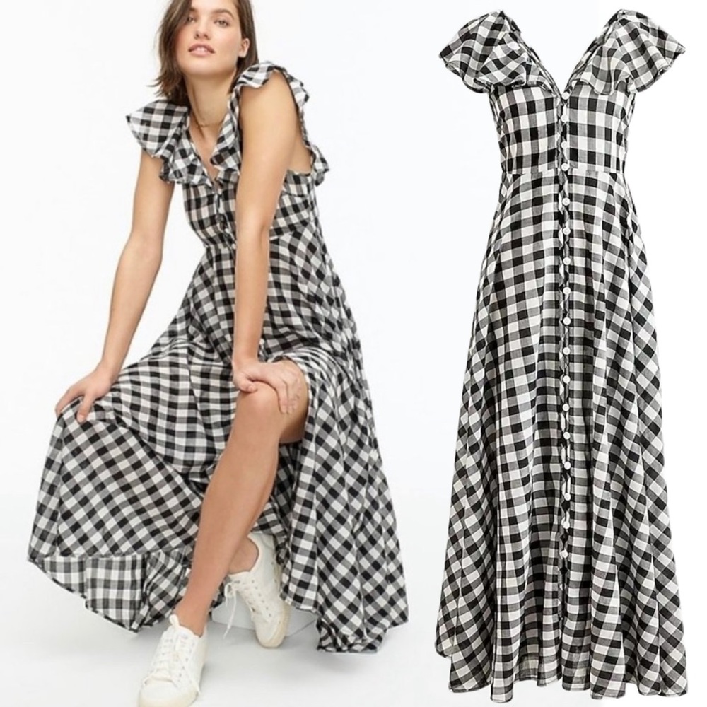 J. Crew Black and White Gingham Ruffle-Trim Midi Dress